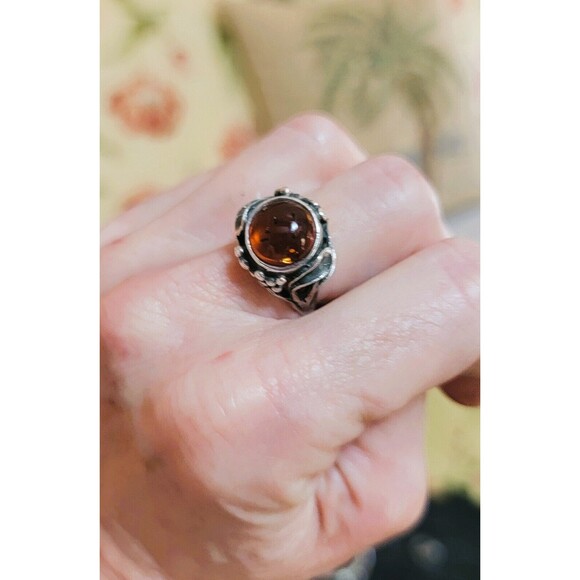Artisan crafted Amber gemstone cabochon Ring  Sterling Silver 925 Vintage 7.75-8 - Picture 6 of 14